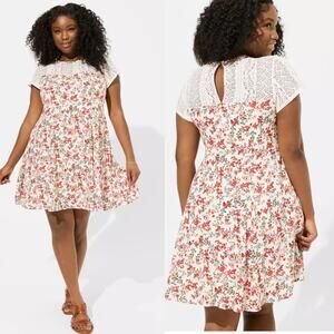 Torrid Mini Washable Gauze Lace Yoke Trapeze Dress Greenhouse Floral Dew